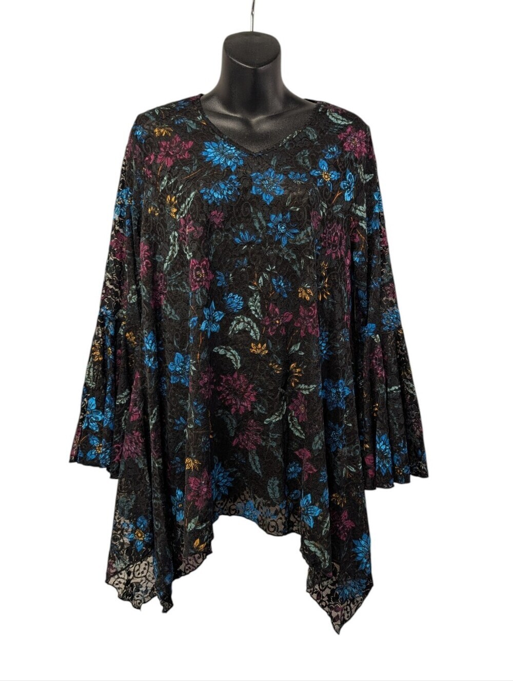 Dor Dor Couture Black Floral Lace Bell Sleeve Asymmetrical Tunic Top Size Large